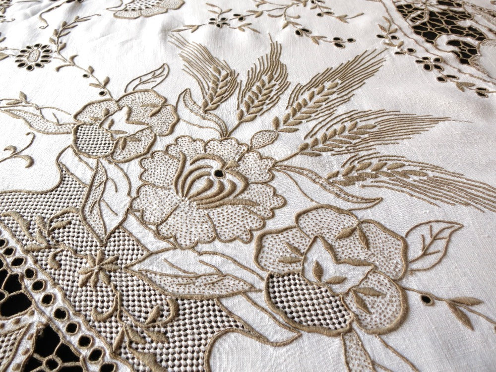Fruit & Wheat Antique Madeira Embroidery Linen Tablecloth 66x102