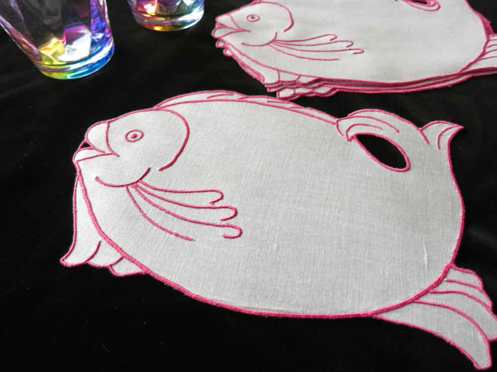 Fish in Fuchsia Vintage Madeira Linen Cocktail Napkins - Set of 6
