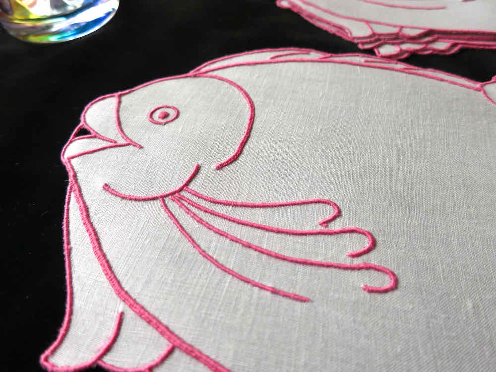 Fish in Fuchsia Vintage Madeira Linen Cocktail Napkins - Set of 6