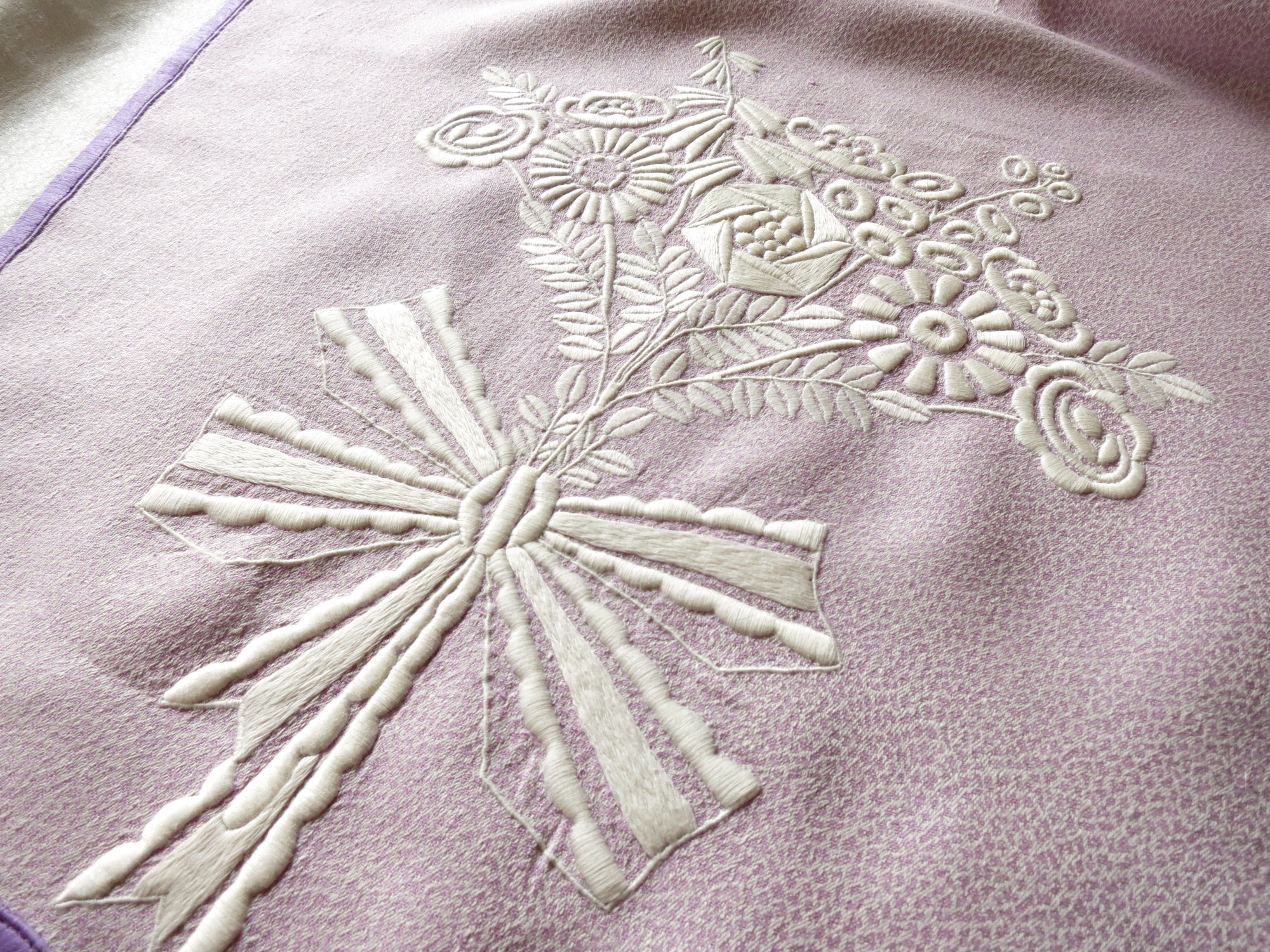 Art Deco Pebbled Linen Damask Tablecloth Purple Stripes Flowers 76x98
