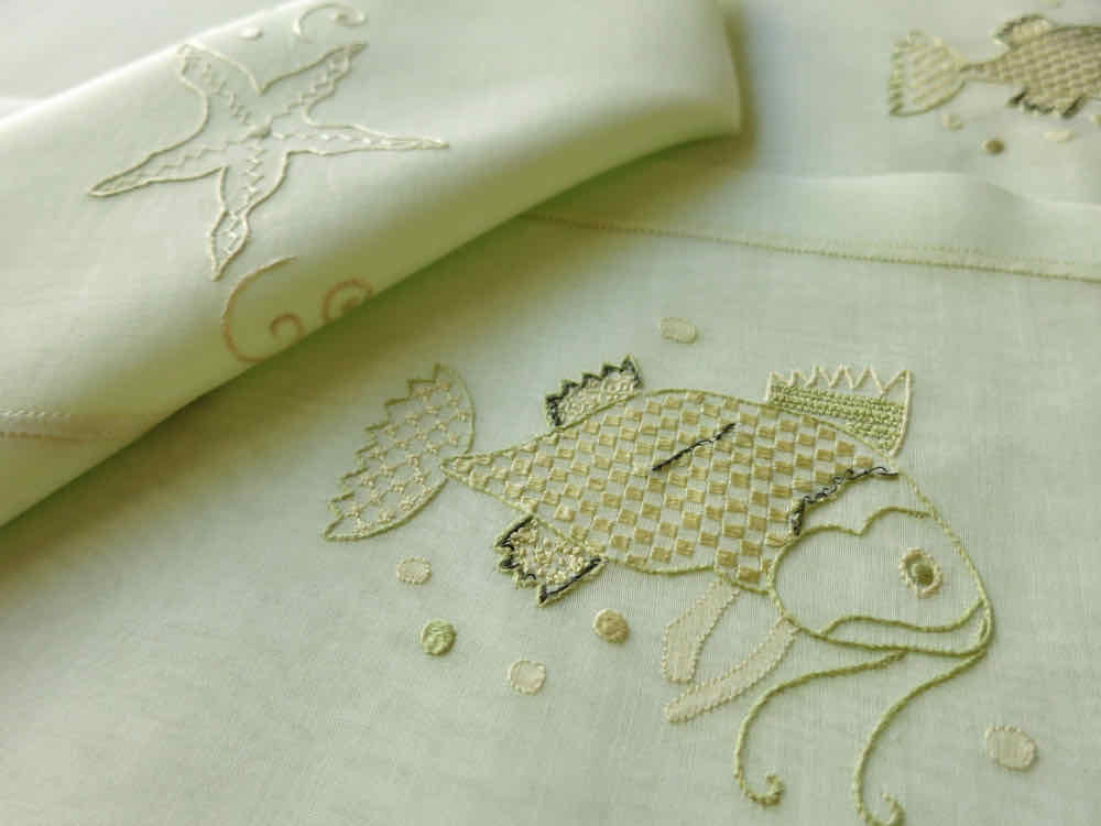 Ottoman Fish &amp; Shells Vintage French 17pc Placemat Set for 8