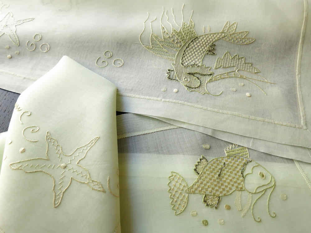 Ottoman Fish & Shells Vintage French 17pc Placemat Set for 8