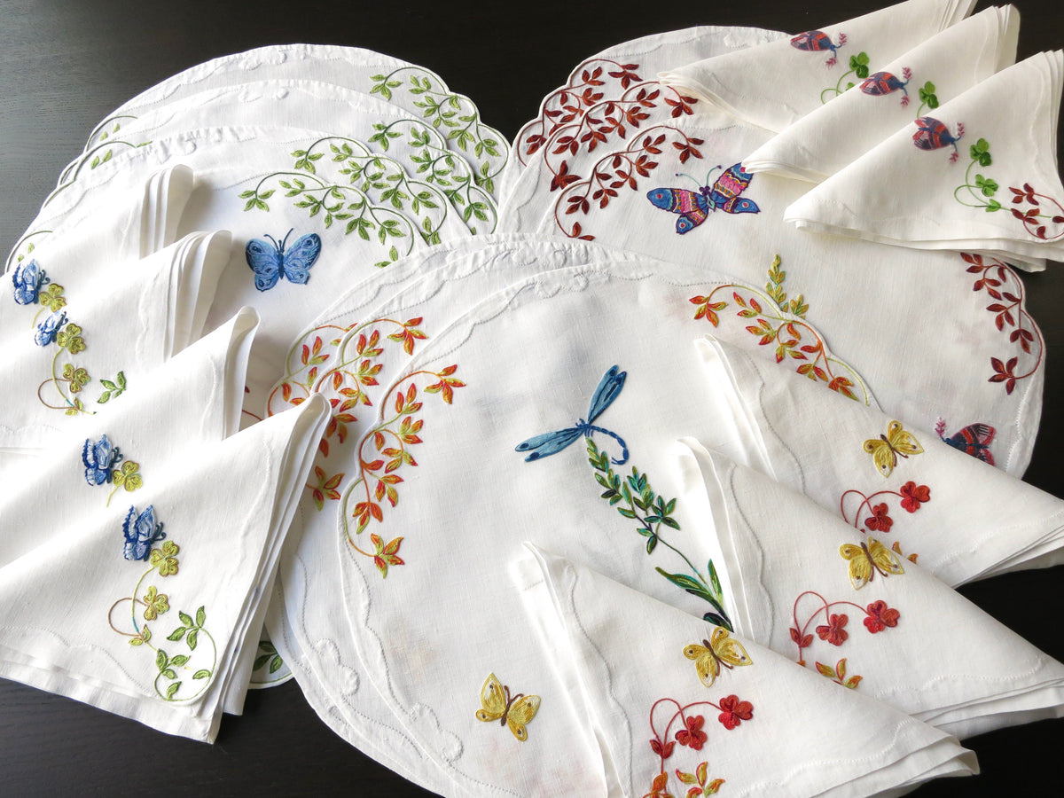 Dragonflies Butterflies Moths Vintage D Porthault Linen Placemat Setting for 8 + 1