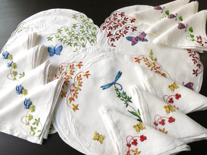 Dragonflies Butterflies Moths Vintage D Porthault Linen Placemat Setting for 8 + 1