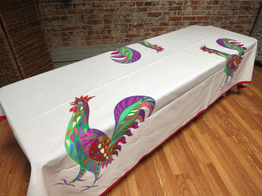 Vintage D Porthault Appliqué Roosters 70x130&quot; Tablecloth &amp; 12 Napkins