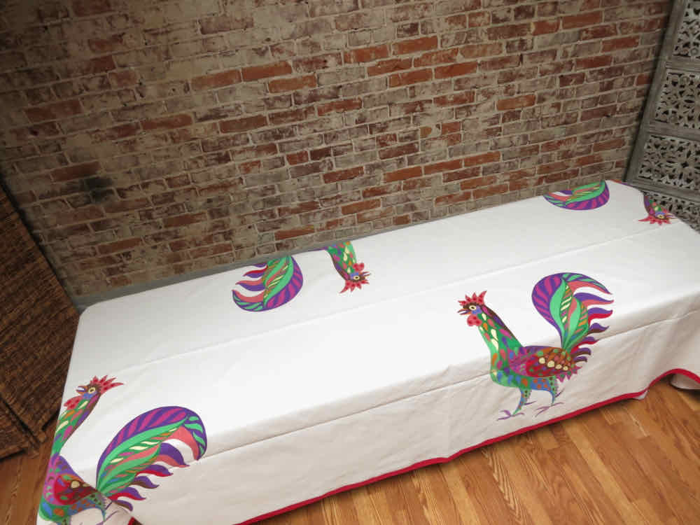 Vintage D Porthault Appliqué Roosters 70x130&quot; Tablecloth &amp; 12 Napkins