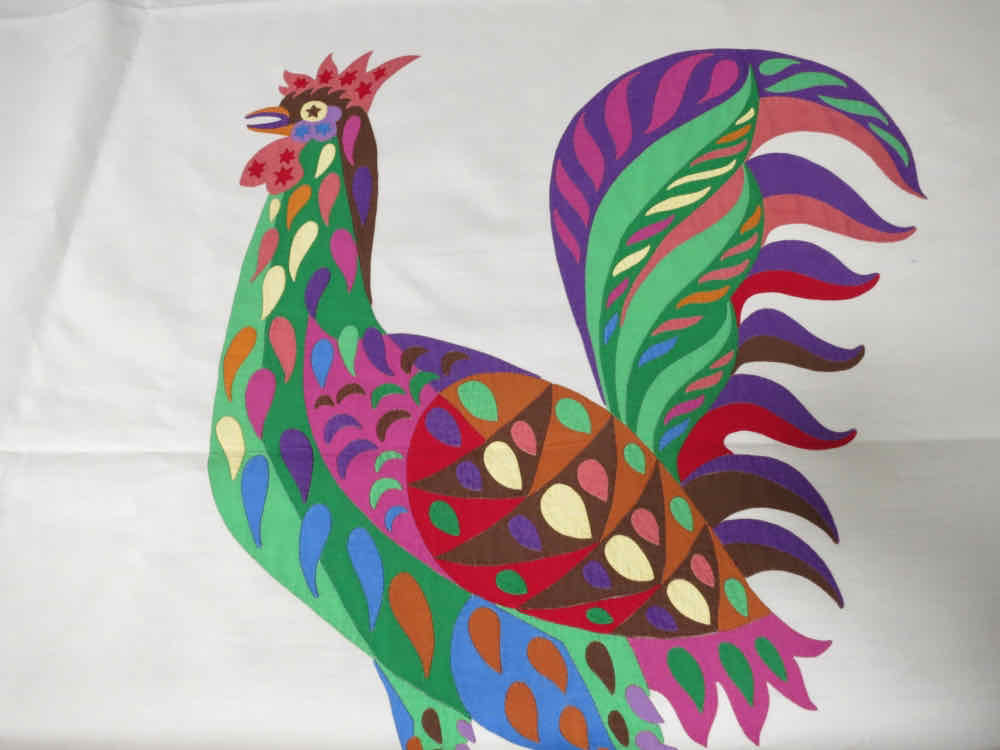 Vintage D Porthault Appliqué Roosters 70x130&quot; Tablecloth &amp; 12 Napkins