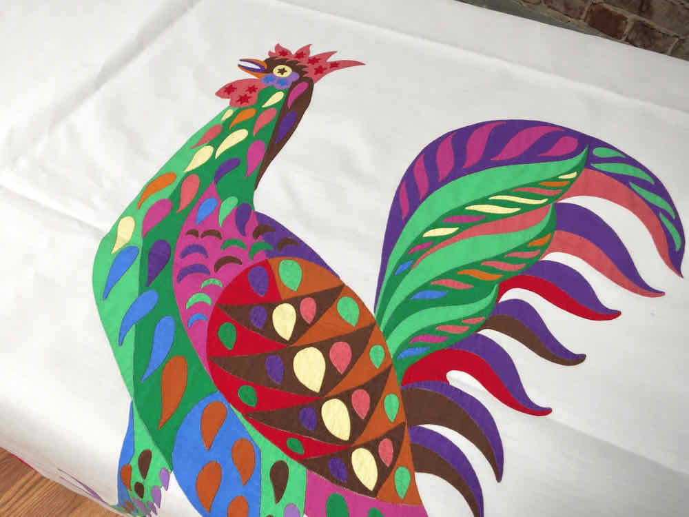 Vintage D Porthault Appliqué Roosters 70x130&quot; Tablecloth &amp; 12 Napkins