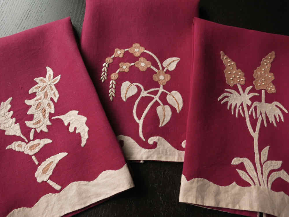 Vintage Madeira Hand Embroidered Linen Guest Towels, Set of 3