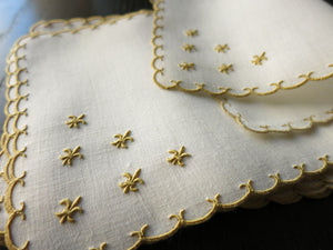 "Fleur de Lys Petite" Vintage Marghab Madeira Linen Cocktail Napkins, Set of 8