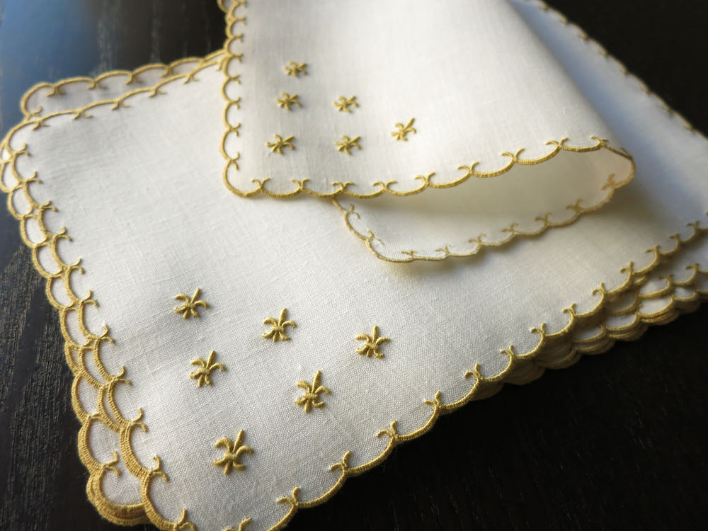 "Fleur de Lys Petite" Vintage Marghab Madeira Linen Cocktail Napkins, Set of 8