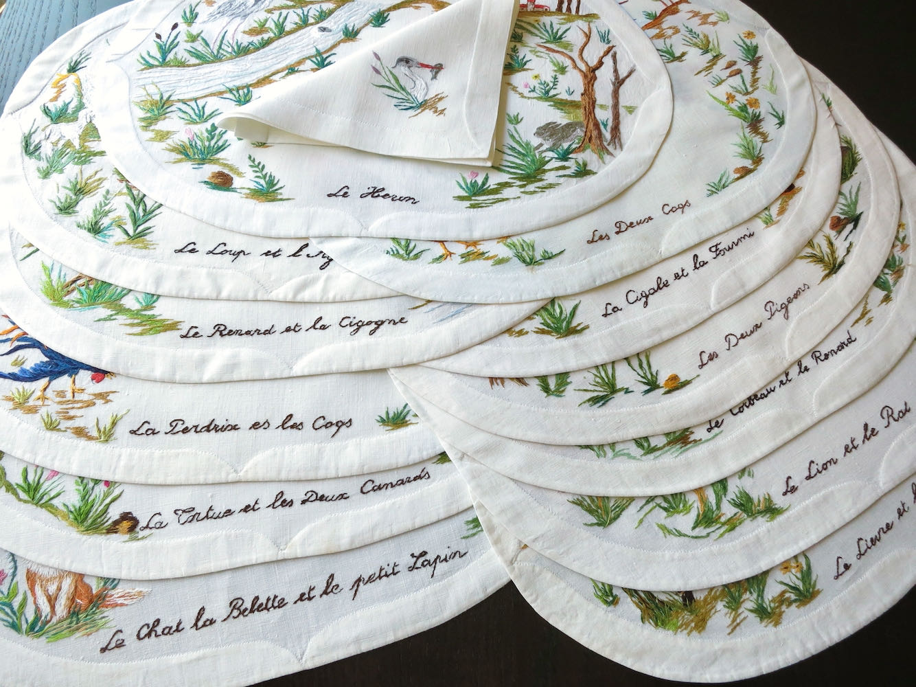 "Les Fables de la Fontaine" Vintage D Porthault Linen Placemat Set for 12