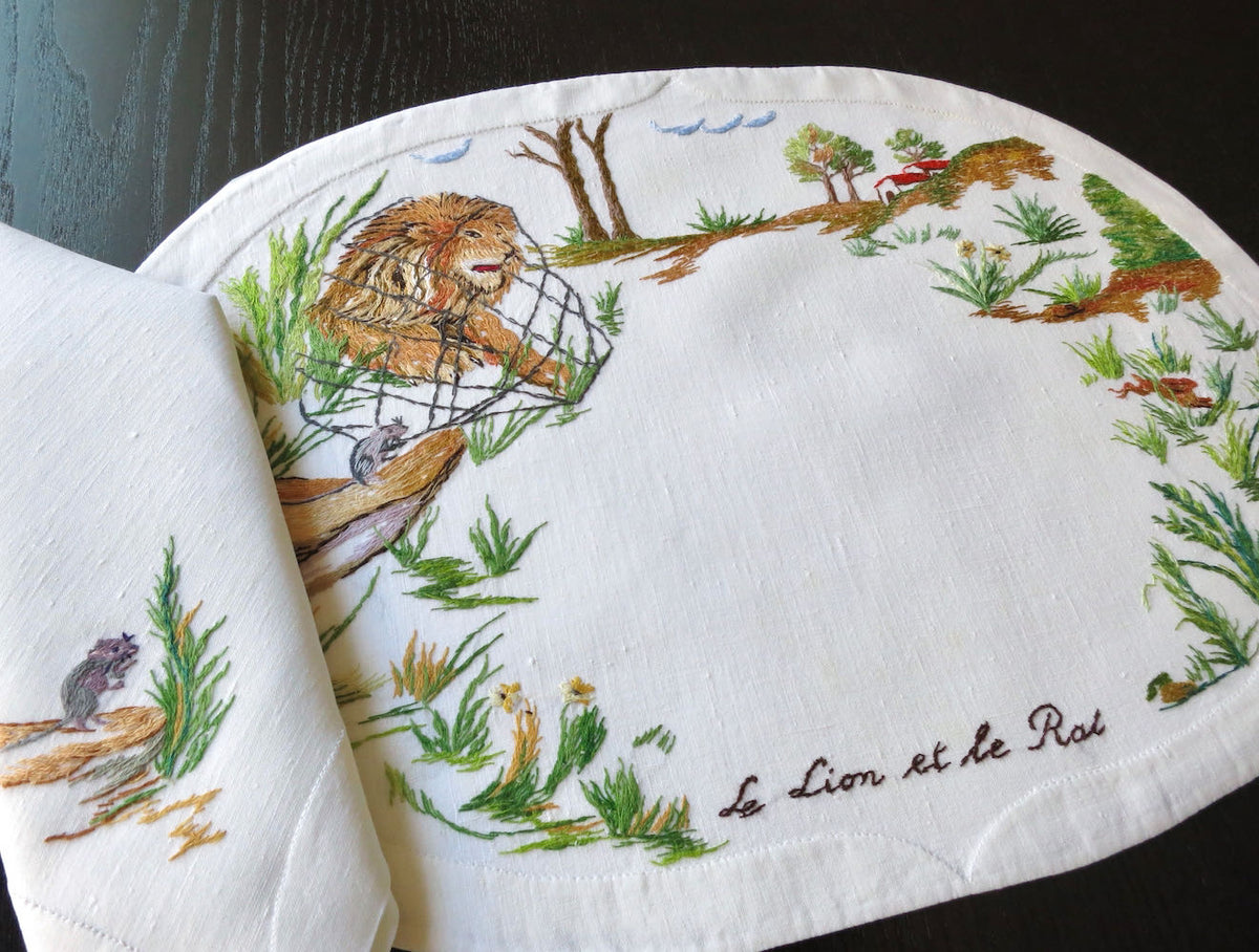 &quot;Les Fables de la Fontaine&quot; Vintage D Porthault Linen Placemat Set for 12