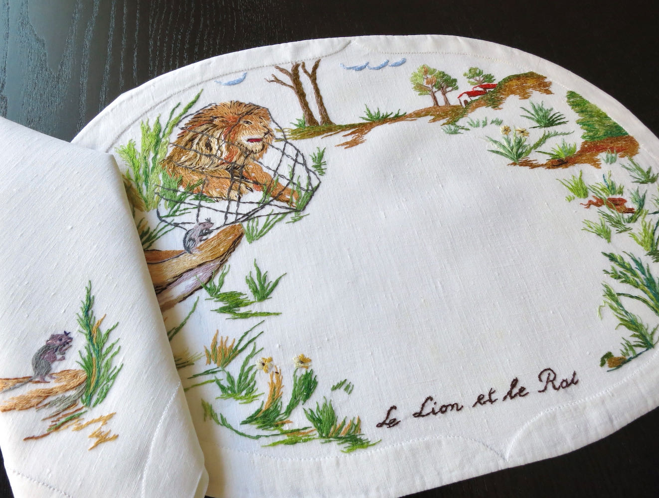 "Les Fables de la Fontaine" Vintage D Porthault Linen Placemat Set for 12