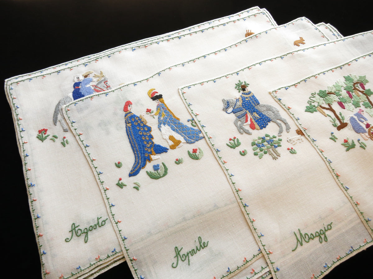 Medieval Labors of the Months, Vintage Rapisardi Italian Embroidery - 12 Placemats