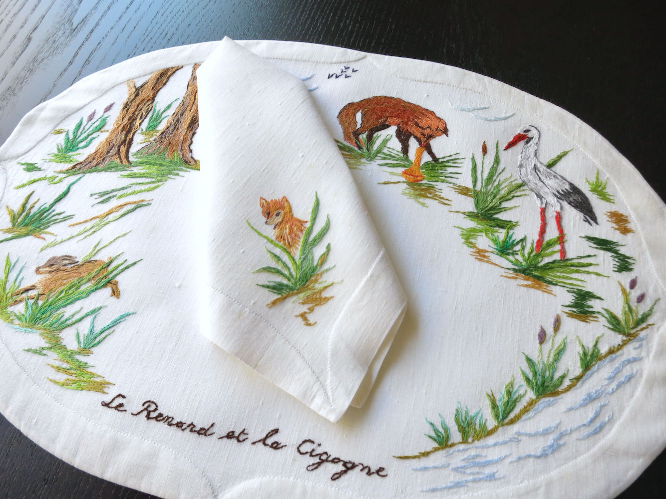 "Les Fables de la Fontaine" Vintage D Porthault Linen Placemat Set for 12