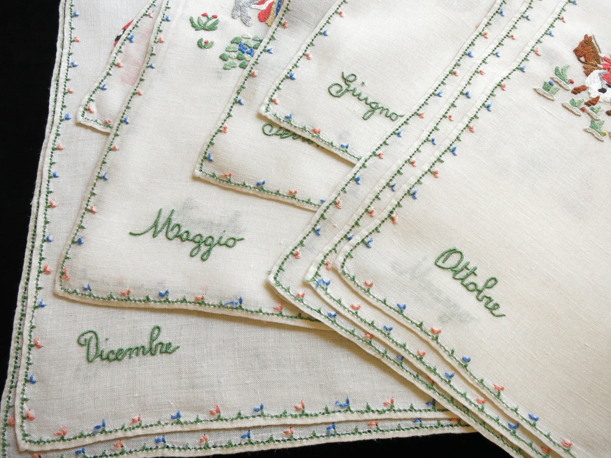 Medieval Labors of the Months, Vintage Rapisardi Italian Embroidery - 12 Placemats