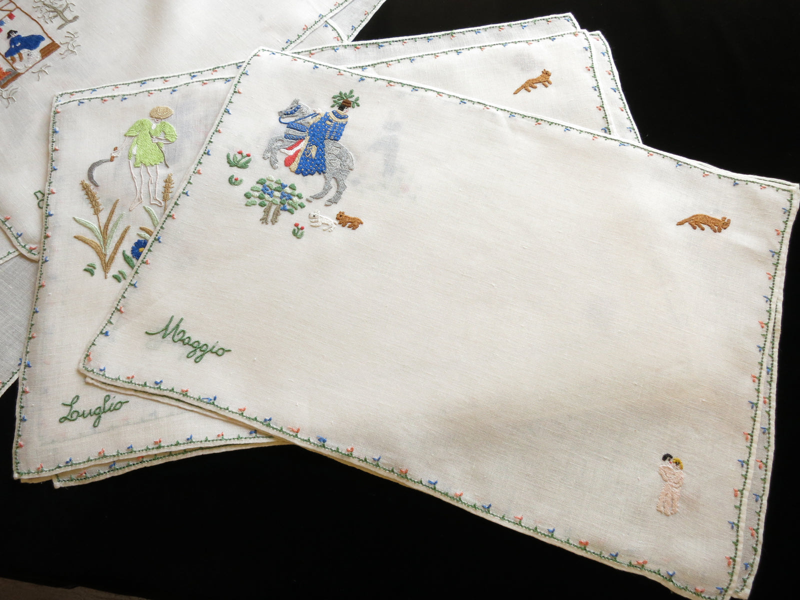 Medieval Labors of the Months, Vintage Rapisardi Italian Embroidery - 12 Placemats