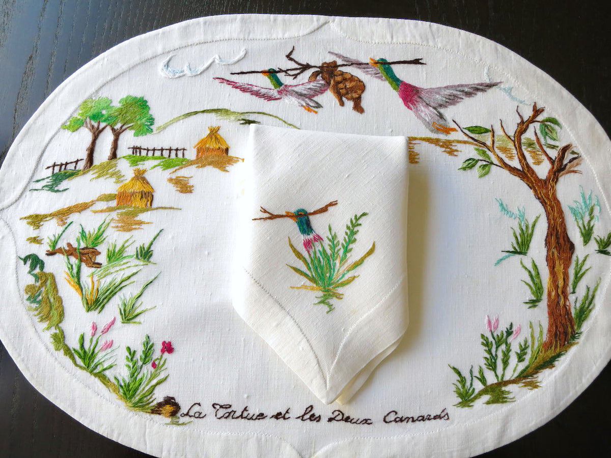 &quot;Les Fables de la Fontaine&quot; Vintage D Porthault Linen Placemat Set for 12