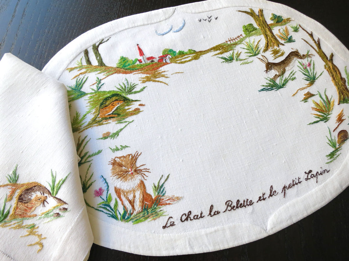 &quot;Les Fables de la Fontaine&quot; Vintage D Porthault Linen Placemat Set for 12