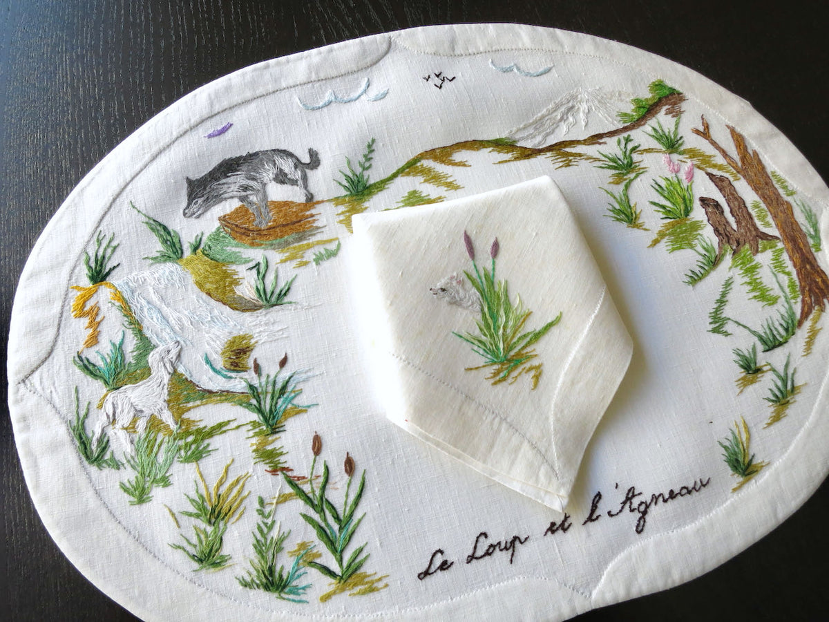 &quot;Les Fables de la Fontaine&quot; Vintage D Porthault Linen Placemat Set for 12