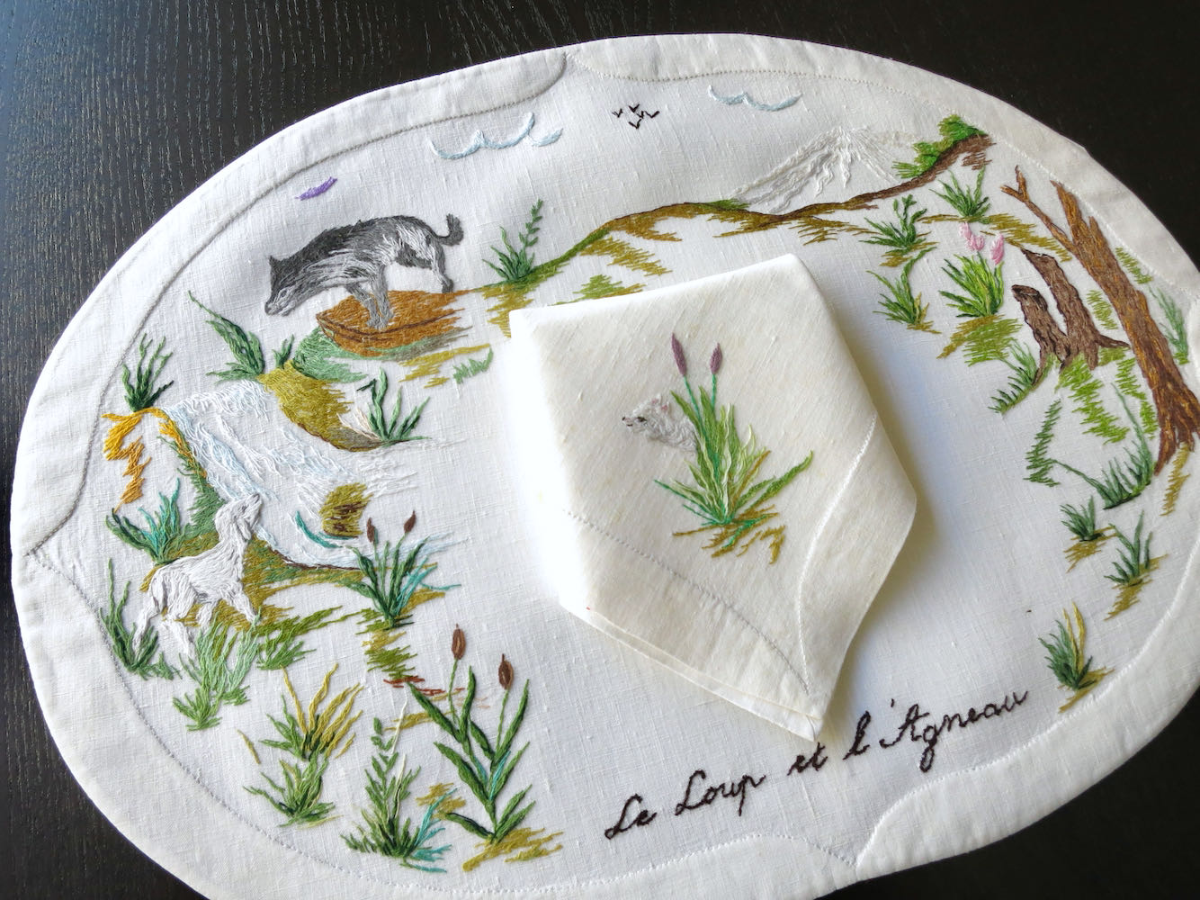 "Les Fables de la Fontaine" Vintage D Porthault Linen Placemat Set for 12