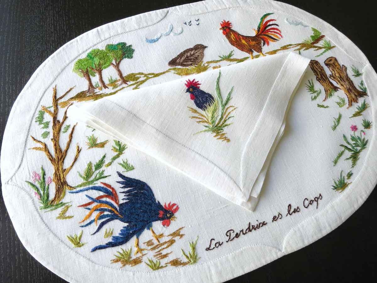 &quot;Les Fables de la Fontaine&quot; Vintage D Porthault Linen Placemat Set for 12