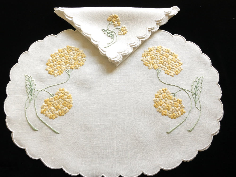 Yellow Hydrangeas Vintage Madeira Embroidery Placemat Set for 8