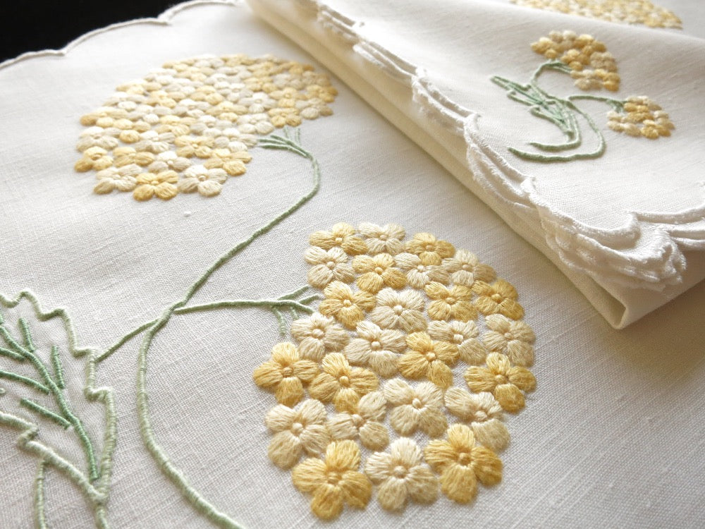Yellow Hydrangeas Vintage Madeira Embroidery Placemat Set for 8