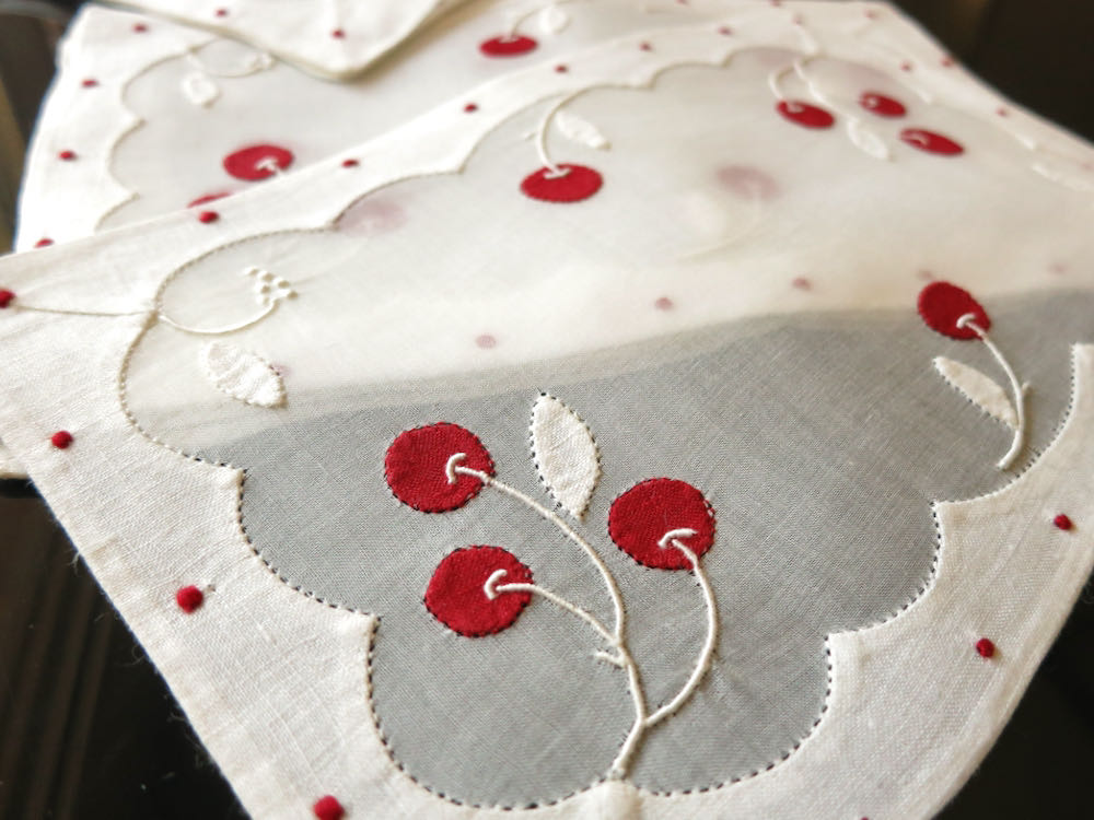 Luscious Cherries Vintage Madeira Linen &amp; Organdy Cocktail Napkins, Set of 6