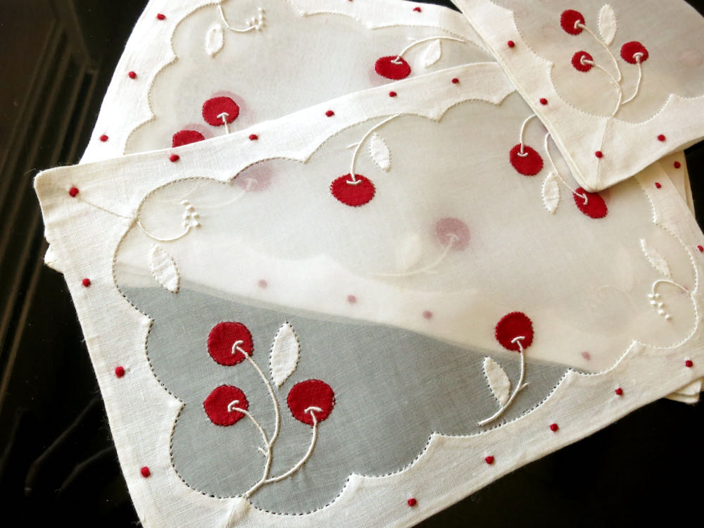 Luscious Cherries Vintage Madeira Linen & Organdy Cocktail Napkins, Set of 6