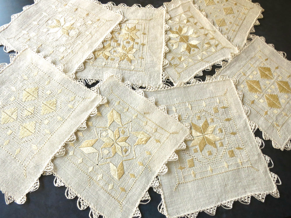 Turkish Ottoman Vintage Embroidered Linen Cocktail Napkins, Set of 8