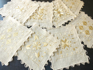 Turkish Ottoman Vintage Embroidered Linen Cocktail Napkins, Set of 8