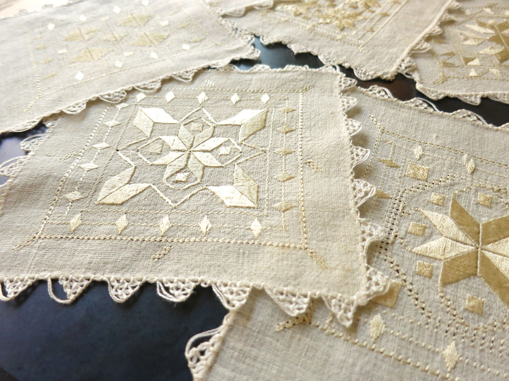 Turkish Ottoman Vintage Embroidered Linen Cocktail Napkins, Set of 8
