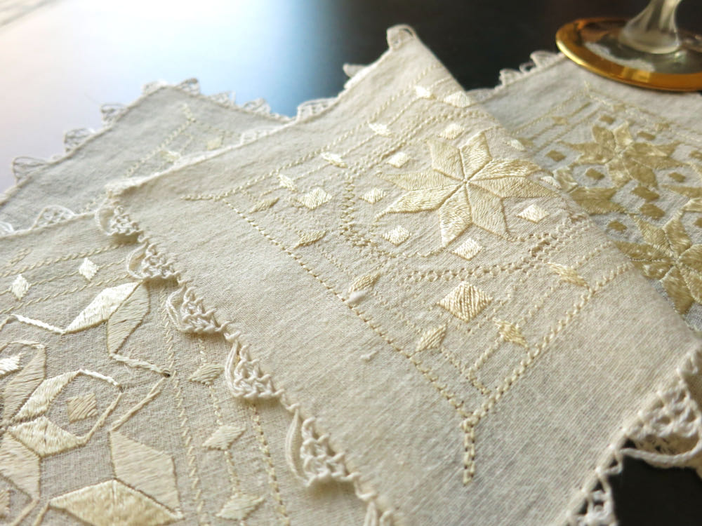 Turkish Ottoman Vintage Embroidered Linen Cocktail Napkins, Set of 8