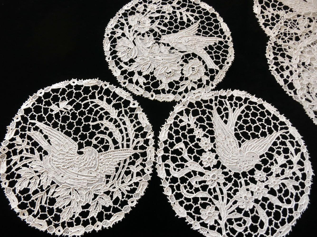 Fine Antique Italian Needle Lace Birds Cocktail Rounds, Coasters, Set of 10