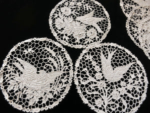 Fine Antique Italian Needle Lace Birds Cocktail Rounds, Coasters, Set of 10