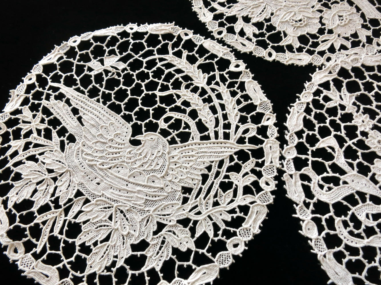 Fine Antique Italian Needle Lace Birds Cocktail Rounds, Coasters, Set of 10