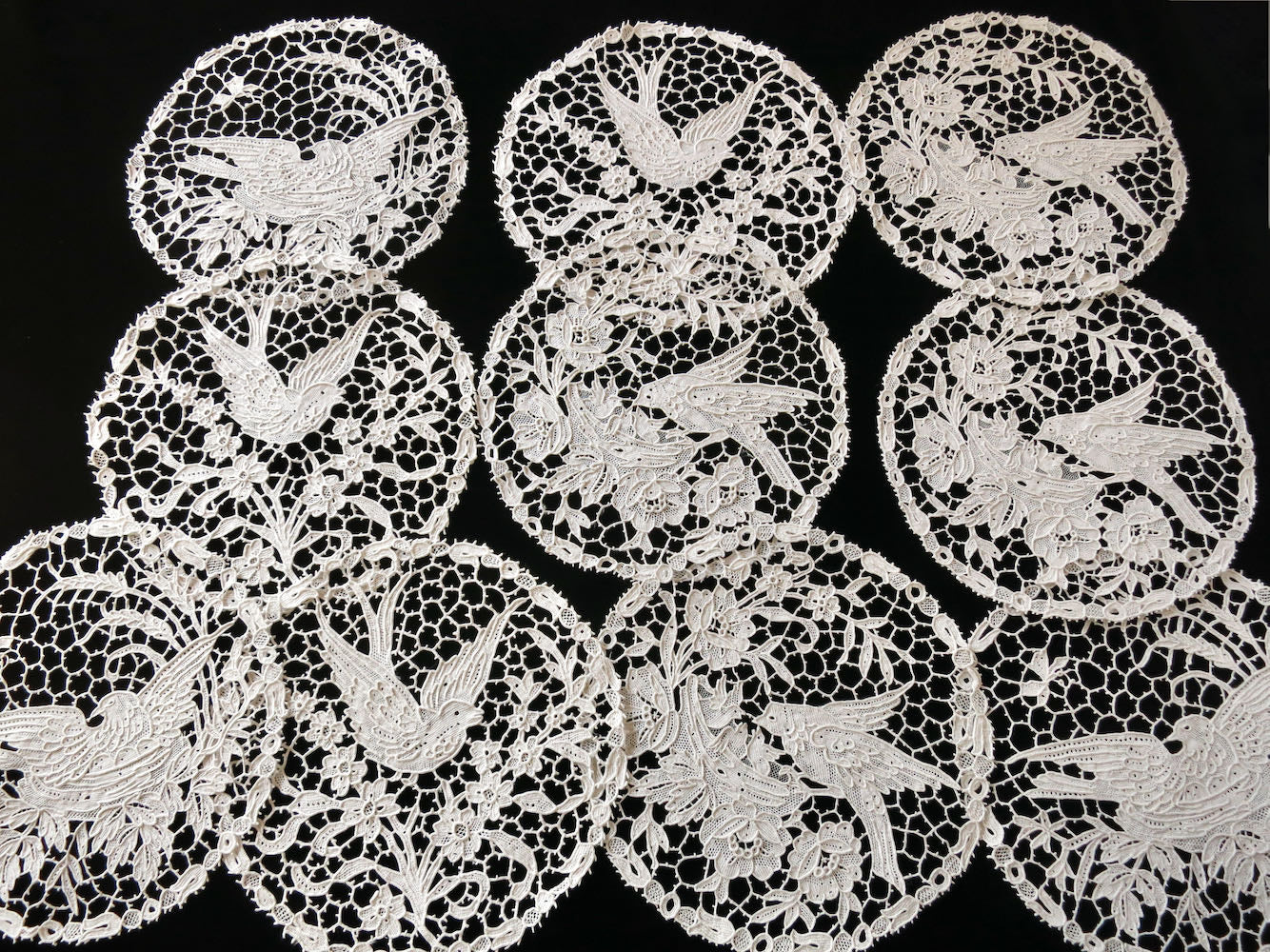 Fine Antique Italian Needle Lace Birds Cocktail Rounds, Coasters, Set of 10