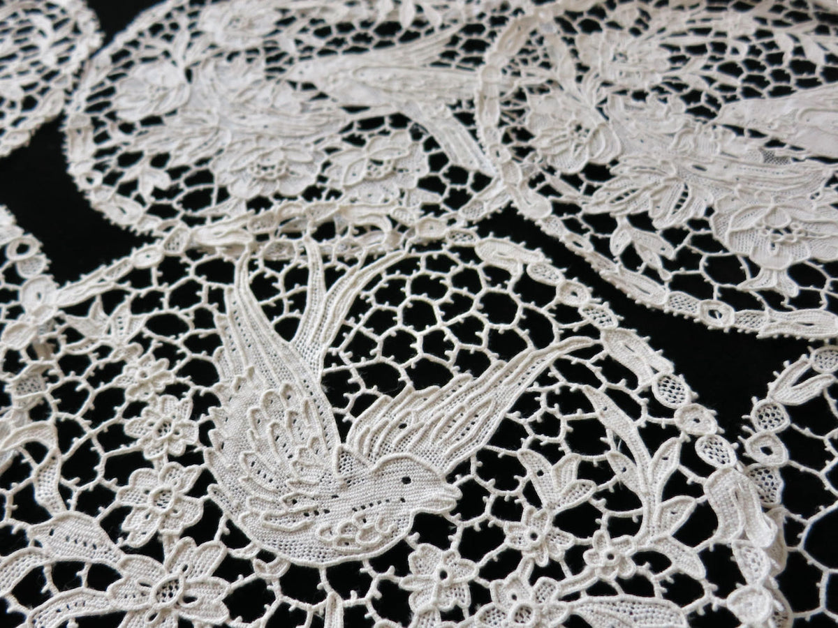 Fine Antique Italian Needle Lace Birds Cocktail Rounds, Coasters, Set of 10