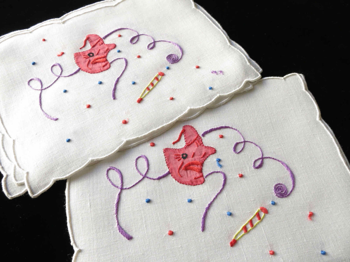 Mardi Gras Vintage Madeira Linen Cocktail Napkins - Set of 8