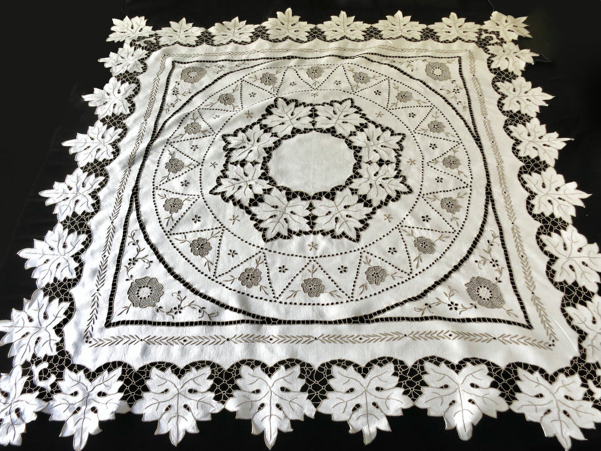 Leaves in Cutwork Vintage Madeira Tablecloth Topper 49x50&quot;