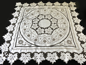 Leaves in Cutwork Vintage Madeira Tablecloth Topper 49x50"