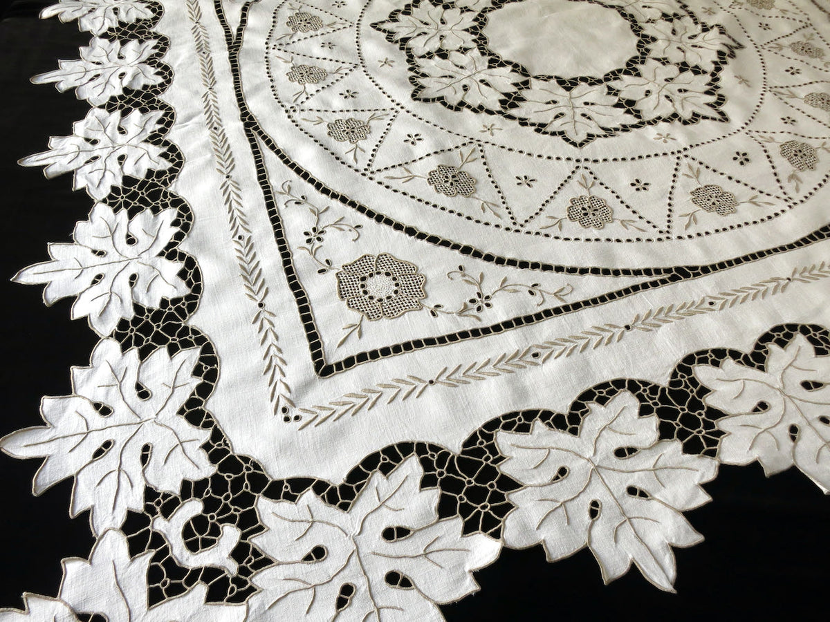 Leaves in Cutwork Vintage Madeira Tablecloth Topper 49x50&quot;