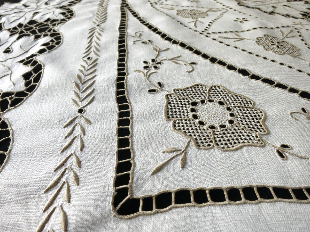 Leaves in Cutwork Vintage Madeira Tablecloth Topper 49x50&quot;