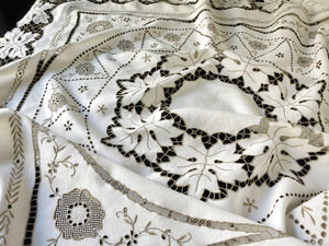 Leaves in Cutwork Vintage Madeira Tablecloth Topper 49x50"