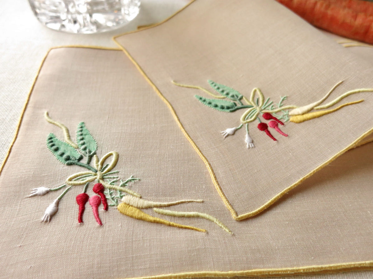 &quot;Carrots &amp; Peas&quot; Marghab Vintage Linen Cocktail Napkins - Set of 6