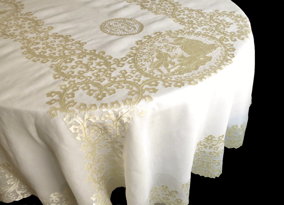 Vintage Romantic Madeira Satin & Organdy Tablecloth Oval 80x122"
