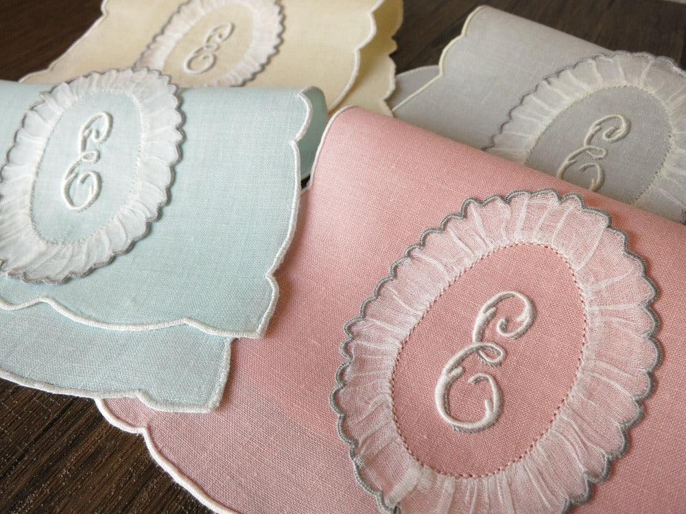 Frilly Monogram &quot;E&quot; Vintage Madeira Linen Cocktail Napkins ~ Set of 12