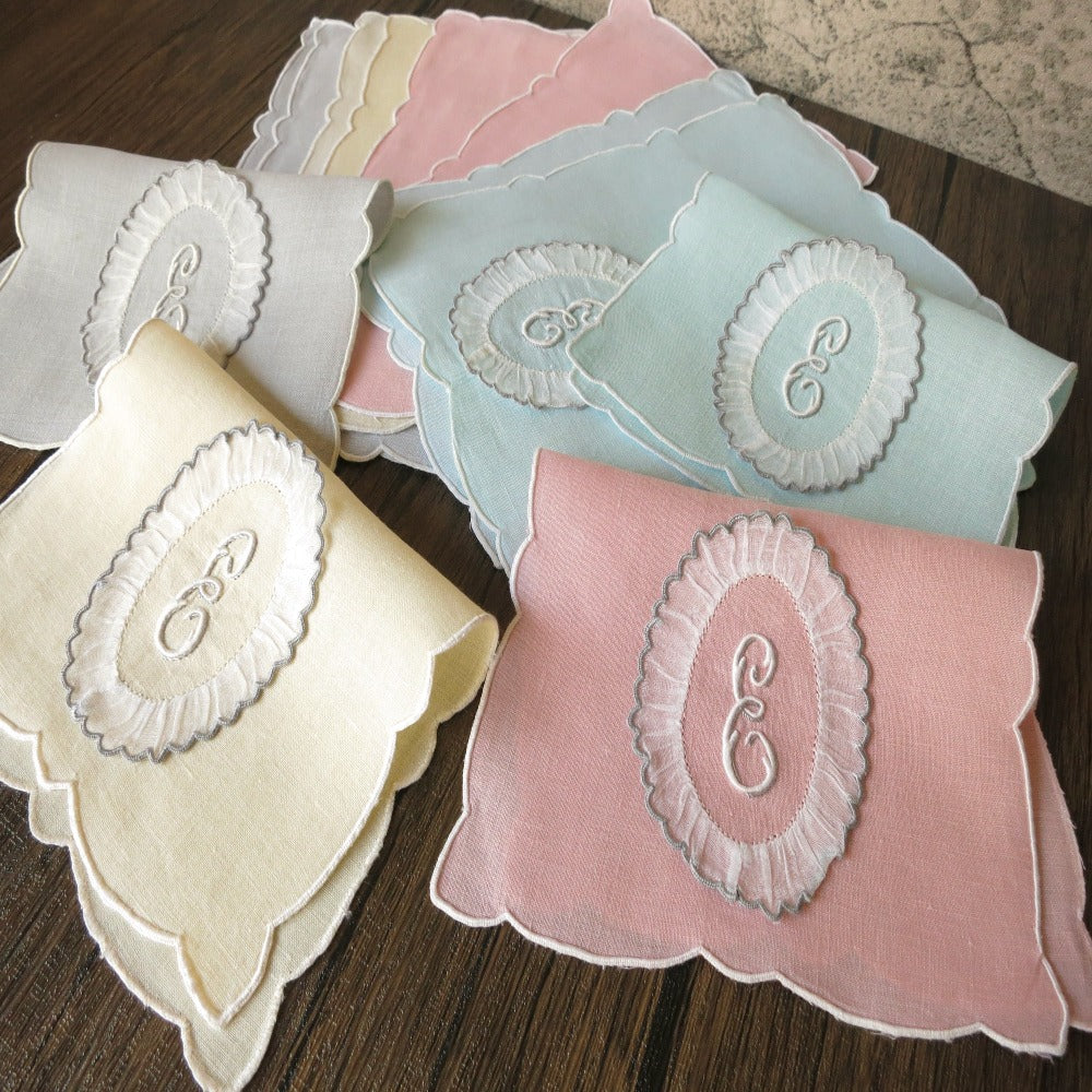 Frilly Monogram "E" Vintage Madeira Linen Cocktail Napkins ~ Set of 12